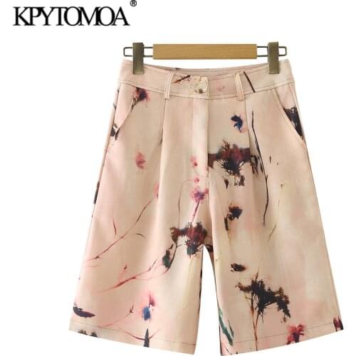 KPYTOMOA Women 2021 Fashion Side Pockets Printed Straight Shorts Vintage High Waist Zipper Fly Female Short Pants Mujer