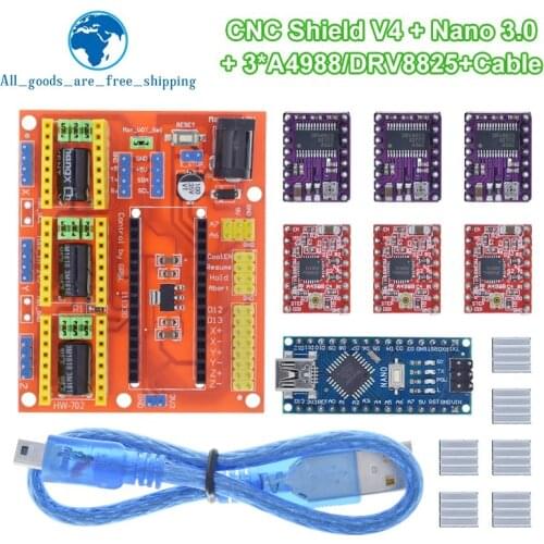 TZT 1SET 3DV4 CNC Shield V4 + Nano 3.0 + 3pcs DRV8825 Reprap Stepper Drivers Set For Arduino