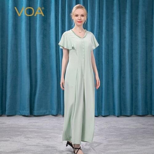 VOA 30m/m High Quality Silk V-neck Wooden Ear Lotus Leaf Sleeve Single-breasted Loose Summer Refreshing Wide-leg Jumpsuit KE165