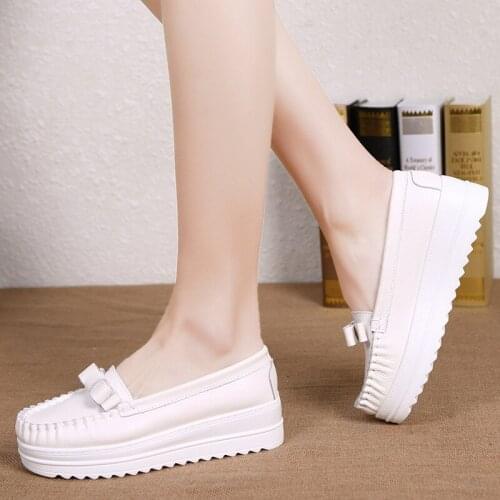 Spring real cowhide womens shoes new platform sole shoes thick bottom increased Korean shoes casual tassel nurse shoes