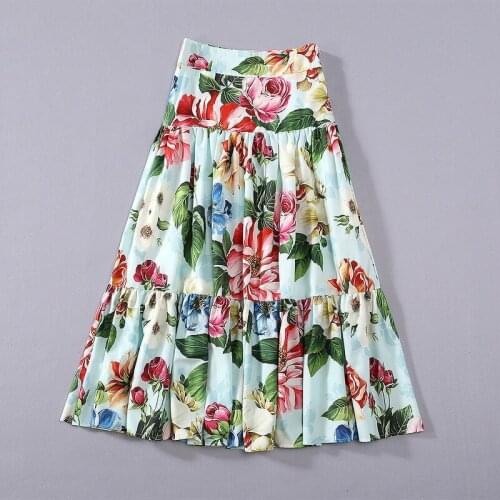 Womens European and American clothing 2021 summer new style Blue flower print pleats fashion a-line skirt