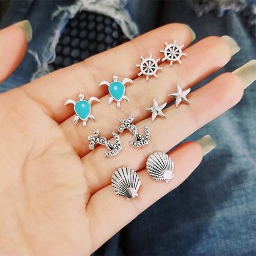 5 pairs / set Bohemian Women stud Earrings Turtle / Starfish / Shell / Anchor Ancient Earrings Ladies Beach Ear Jewelry