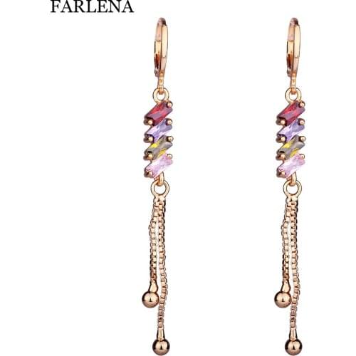 FARLENA Jewelry Geometric Shape Drop Earrings Inlay with Multicolor Zircon Crystal Long Tassel Earrings for Women