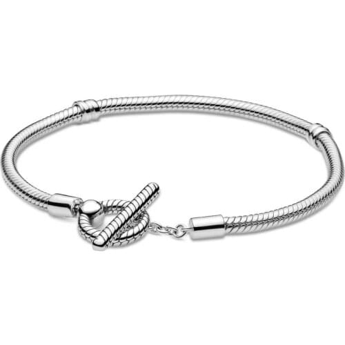 Authentic 925 Sterling Silver Moments T-Bar Snake Chain Fashion Bracelet Fit Pandora Women Bead Charm Bangle Gift DIY Jewelry