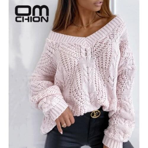 OMCHION Pull Femme 2021 Spring V Neck Mohair Sweater Women Casual Loose Hollow Out Pink Pullover Lazy Oversized Jumper LMR01