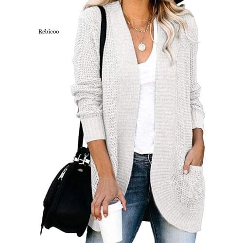 Autumn Womens Solid Colors Knitted Long Sleeve Open Front Casual Cardigan Sweater Coat with Pockets Leisure Outwear New