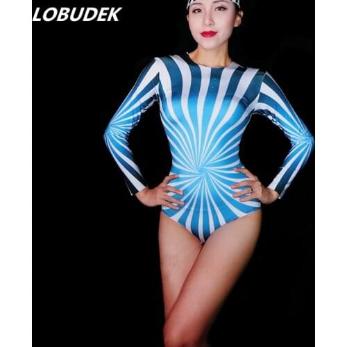 Novelty Blue White Stripe Printed Bodysuit Sexy Stretch Skinny Jumpsuit Bar DJ Party Costume Women Nightclub Pole Dancing Outfit
