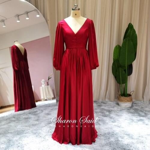 Burgundy Long Sleeve Arabic Evening Dress Muslim Women Wedding Formal Party Dresses 2021 Saudi Arabia V-Neck Bridal Guest Gowns