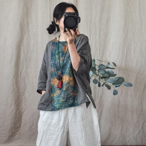 2021 Summer Women T shirt New Ramie O neck Short Sleeve Patchwork Vintage Thin Women Blouse YoYiKamomo