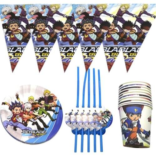 40pcs/lot Kids Boys Favors Tableware Set Beyblade Burst Theme Plates Straw Baby Shower Flags Cups Birthday Party Decorate Banner