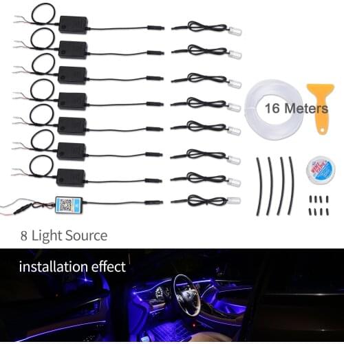 Wireless NO Threading Atmosphere Light 8pcs lamp source with 16 Meter Optic Fiber APP Control 64 Colors