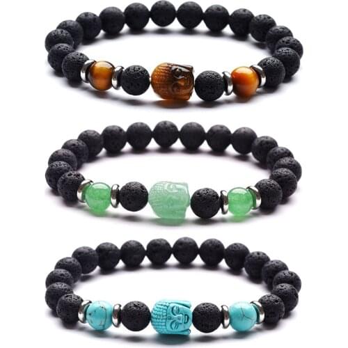 Natural Stone Beaded Bracelet Carving Rose Quartz Buddha Head Bead Agate Green Aventurine Energy Healing Jewelry