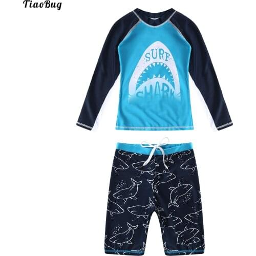 TiaoBug Summer 2Pcs Kid Boys Swimming Suit Round Neck Long Sleeves Cartoon Print Tops And Shorts Set Beach Pool Bathing Swimwear