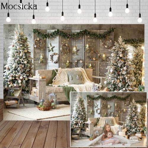Merry Christmas Photography Backdrop Christmas Tree Wooden Screen Sofa Decor Newborn Child Portrait Background Photo Studio