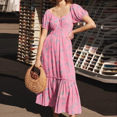 Jastie Women Dresses Fashion 2021 V-Neck Plaid Stripe Floral Print Stitching Ruffle Midi Dress Summer Boho Beach Prom Dress Pink