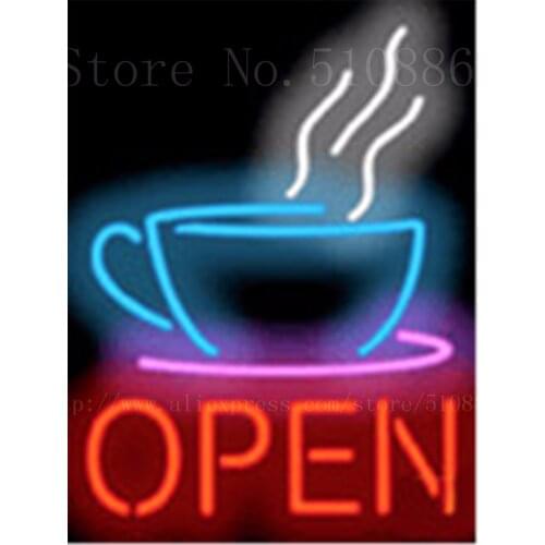 Coffee Cup Open Neon sign Real Glass Tube Bulbs Light Bar Beer Club Custom Neon signs Store Decoration Signboard 17"x14"