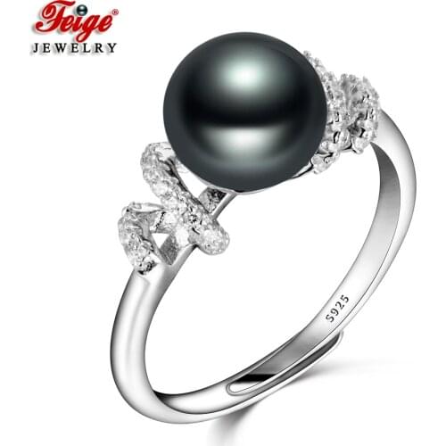 Vintage Real 925 Sterling Silver Pearl Ring for Women Party Jewelry Gifts 8-9MM Black Freshwater Pearl Rings Fine Jewelry FEIGE