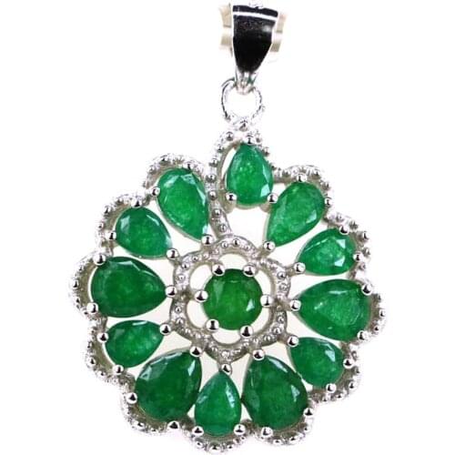 Guaranteed Real 925 Solid Sterling Silver 4.0g Real Green Emerald Flower Shape Womans Pendant 29x21mm