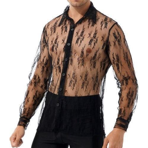 Summer Streetwear Men See-through Lace Floral T-shirt Turn-down Collar Long Sleeve Button Shirt Sexy Top Clubwear Exotic Costume
