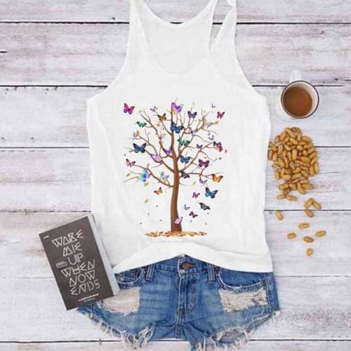 New Butterfly Tree Print Pattern Tank Tops Women Sleeveless Summer Round Neck Elasticity 2021 Casual Loose Fashion Vest Top