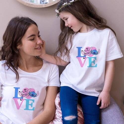 Fashion Matching T-shirt Family Clothes Mother Father and Children Stitch Love Cartoon 3D Printing Couple Short Sleeve Top