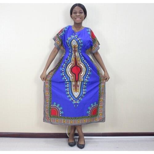 Dashikiage Fashion Autumn Dashiki Pattern Printed Blue 100% Cotton Short Sleeve African Dresses For Women