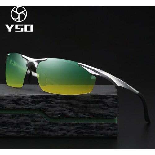 YSO Sunglasses Men Polarized UV400 Aluminium Magnesium Frame HD Night Vision Driving Glasses Semi Rimless Accessory For Men 2206