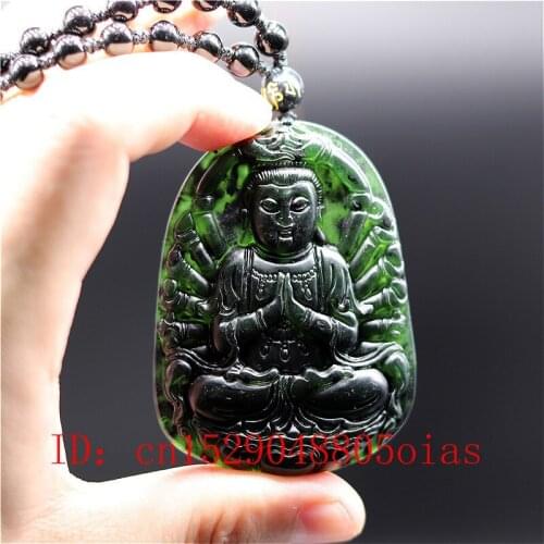 Natural Black Green Chinese Jade Thousand-hand Bodhisattva Pendant Beads Necklace Charm Jewelry Carved Guanyin Amulet Gifts