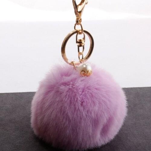 New Women Fur Key Chain Car Keychain Pom Pom 8cm Rex Rabbit Fur Pompom 13 Colors with Pearl Bag Charm Cute Car Key Ring Jewelry