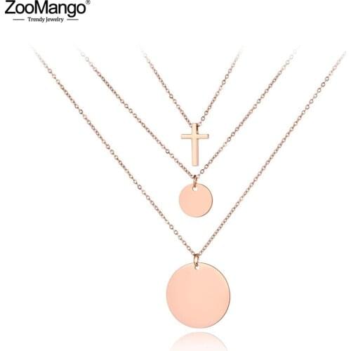 ZooMango Bohemia Titanium Stainless Steel Three-layer Round Tag Cross Necklaces Jewelry Pendant Chain Necklace For Women ZN19077