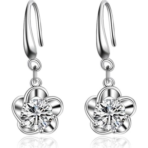 Hot Sale Promotion 2018 New Fashion Flower Desgin Shiny Zircon 925 Sterling Silver Drop Earrings for Women Jewelry Gift