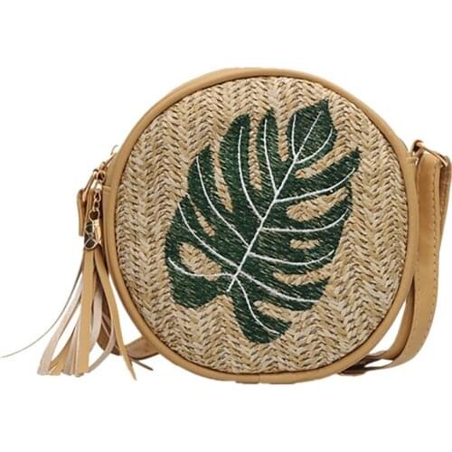 Embroidered Straw Bag Handmade Woven Round Shoulder Bag Tassel Crossbody Bag Beach Bag Circle Bohemia Handbag
