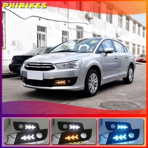 LED DRL daytime running light+Front fog light For Citroen C-Quatre 2012-2018 with Dynamic moving yellow turn signal