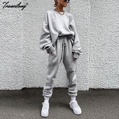 Solid Long Sleeve Loose 2pcs Set Fitness Tracksuit Two Piece Pants Outfits For Women Casual Suit Plus Size Clothing 2020 Winter