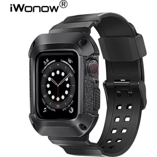 Rugged Protective Case with Band for iWatch Apple Watch SE Series 6 5 4 3 2 44mm 42mm 40mm 38mm Steel Clasp Watchband TPU Strap