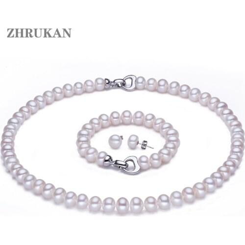ZHRUKAN Natural Freshwater Pearl Jewelry Sets 925 Sterling Silver Pearl Necklace Earrings Bracelet For Women Fashion Gift