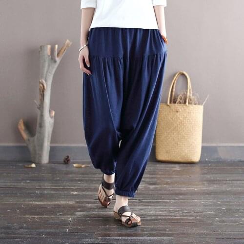 Johnature Women Cotton Linen Cross Pants Solid Color Elastic Waist Casual Trouser 2021 Summer New Loose Women Long Pants