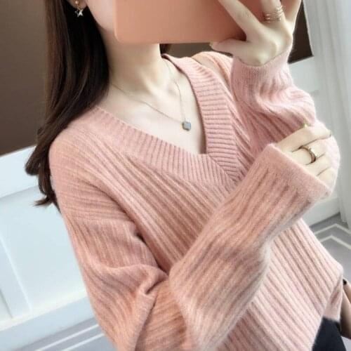 Casual Women Sweater 2021 Autumn Loose Long Sleeve Chic Elegant Soft Pullovers V neck Female Sweaters Knitwear Bottoming Shirt