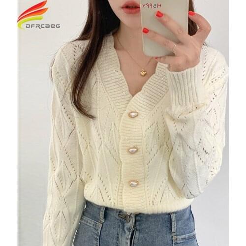 New 2021 Autumn Winter Womens Sweaters V-Neck Hollow Out Pearl Button Cardigan Casual Korean Knitwear Women Outwear Sweater