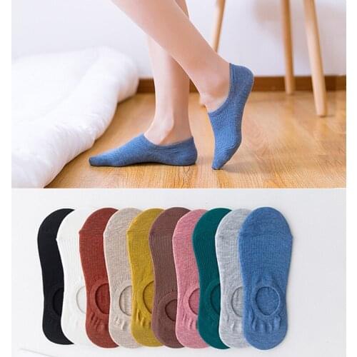 10 Pieces = 5 Pairs/Pack Womens Invisible Socks Set Spring Summer Solid Color Silicone Anti Slip Cotton Ankle Socks Slippers