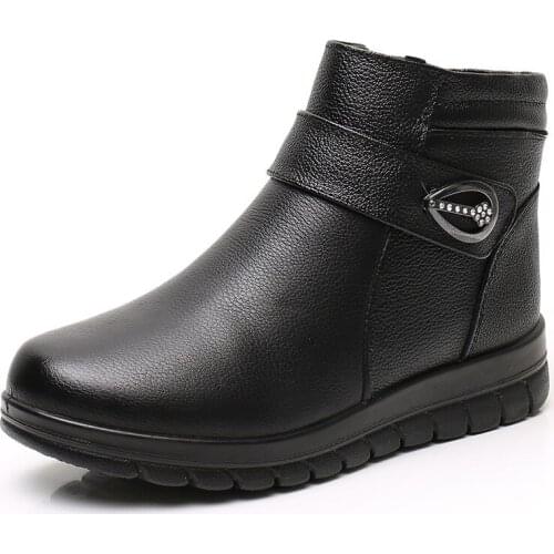 2020 New Fashion Winter Rhinestone Genuine Leather Mother Boots Ankle Boots Flat Comfortable Warmth Snow Boots Women Boots Black