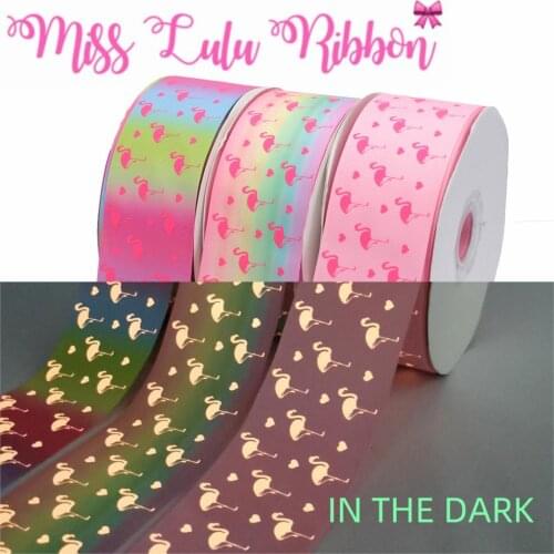 3"75mm Cartoon Flamingo Pink Ink Print Glow in the Dark Gradient Color Printed Grosgrain Ribbon DIY Hair Bowknots 50yards/roll