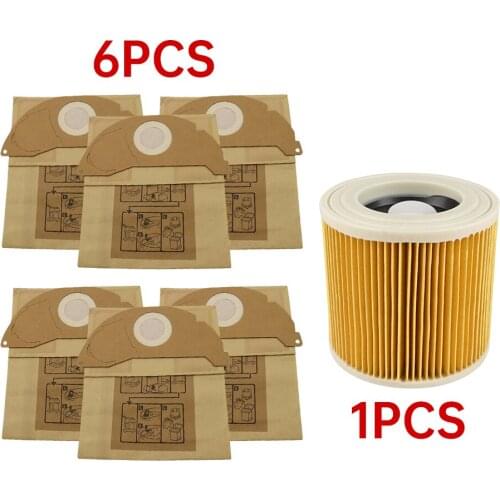 6Pcs paper bags+1Pcs dust Hepa filters for Karcher Vacuum Cleaners parts Cartridge HEPA Filter WD2250 WD3.200 MV2 MV3 WD3