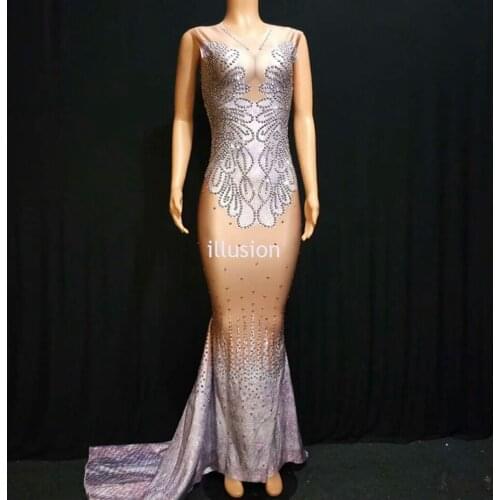 Sparkly Rhinestones 3D Printed Sleeveless Long Tail Dress Women Birthday Celebrate Night Party Dress Female Singer Stage Outfit