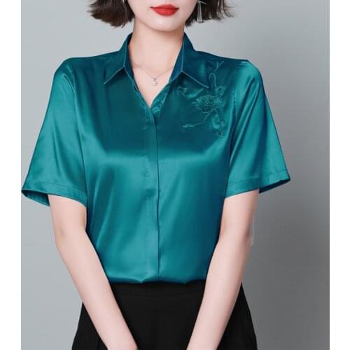 Vintage Floral Embroidery 3XL Slik High Quality Casual Loose Satin Summer Blouses Shirts Womens Tops Clothing 2021 Blusas Female