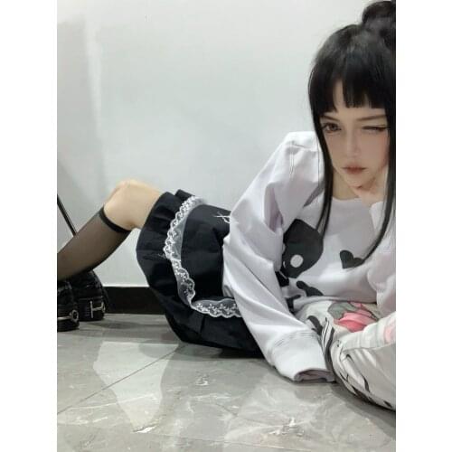 Ruibbit Japanese Punk Goth Print White Hoodies Gothic Harajuku Long Sleeve Pullover Hoodies Streetwear Y2K Women O Neck Hoodies