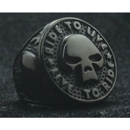 316L Stainless Steel Cool Rider to Live, Live to Rider Flaming Biker Black-Color Skull Ring