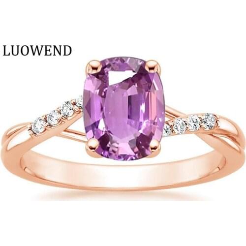 LUOWEND 18K Rose Gold Ring Natural Pink Sapphire Jewelry Oval Shape Design Real Diamond Gemstone Ring Customize for Wedding
