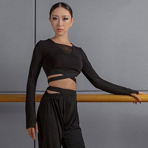 Latin Dance Costumes For Women Female Adult New Style Mesh V-Neck Waist Cross-Belt Hollow Ballroom Latin Practice Clothes SL4461