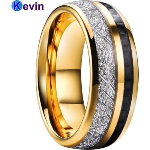 Nice Wedding Band Men Women Tungsten Ring With Black Carbon Fiber And Bright Meteority Inlay 8MM Comfort Fit